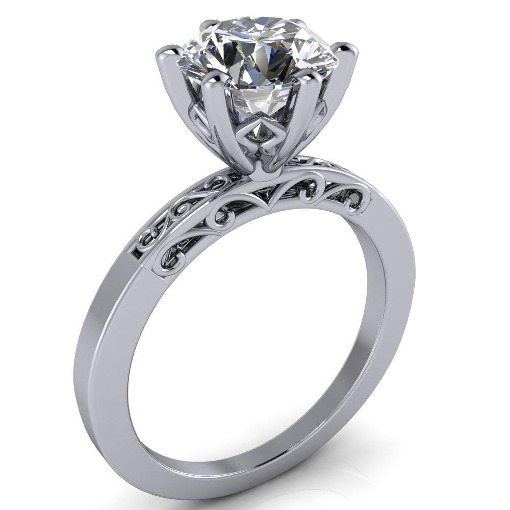 Eliza Round Moissanite Filigree Hollowed Quarter Band 6 Prong Serenade Solitaire Engagement Ring-Custom-Made Jewelry-Fire & Brilliance ®