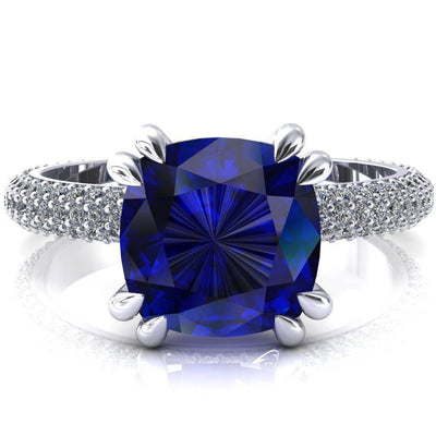 Elley Cushion Blue Sapphire 4 Claw Prong Diamond Accent Engagement Ring-FIRE & BRILLIANCE