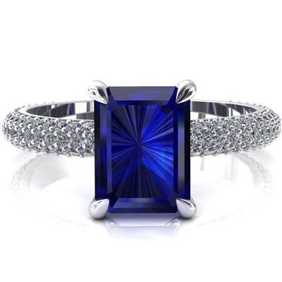 Elley Emerald Blue Sapphire 4 Claw Prong Diamond Accent Engagement Ring-FIRE & BRILLIANCE