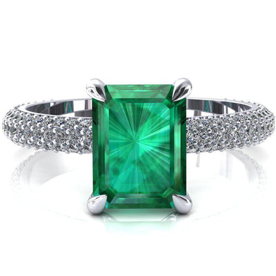 Elley Emerald Emerald 4 Claw Prong Diamond Accent Engagement Ring-FIRE & BRILLIANCE