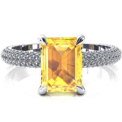Elley Emerald Yellow Sapphire 4 Claw Prong Diamond Accent Engagement Ring-FIRE & BRILLIANCE