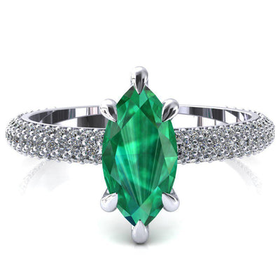 Elley Marquise Emerald 6 Claw Prong Diamond Accent Engagement Ring-FIRE & BRILLIANCE