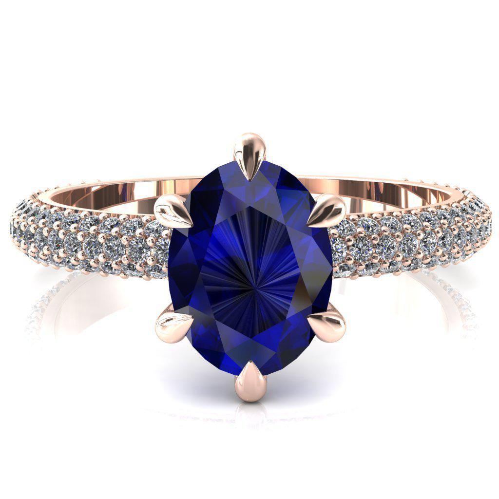 Elley Oval Blue Sapphire 6 Claw Prong Diamond Accent Engagement Ring-FIRE & BRILLIANCE