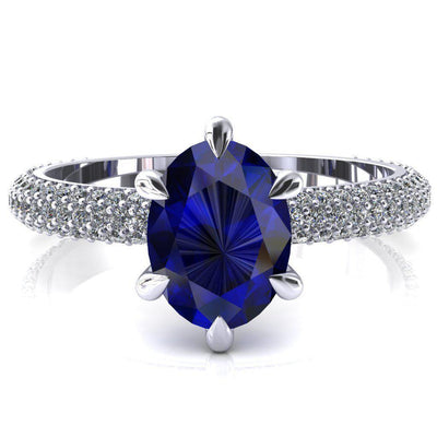 Elley Oval Blue Sapphire 6 Claw Prong Diamond Accent Engagement Ring-FIRE & BRILLIANCE