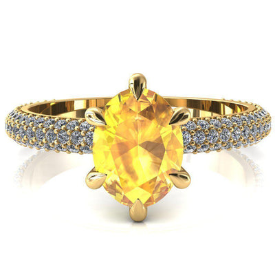 Elley Oval Yellow Sapphire 6 Claw Prong Diamond Accent Engagement Ring-FIRE & BRILLIANCE