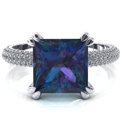 Elley Princess Alexandrite 4 Claw Prong Diamond Accent Engagement Ring-FIRE & BRILLIANCE