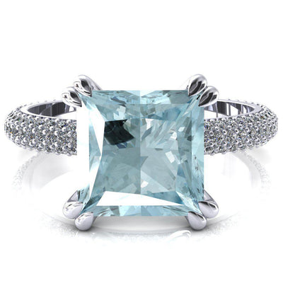 Elley Princess Aqua Blue Spinel 4 Claw Prong Diamond Accent Engagement Ring-FIRE & BRILLIANCE