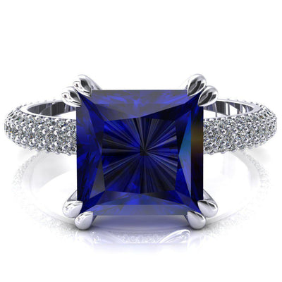 Elley Princess Blue Sapphire 4 Claw Prong Diamond Accent Engagement Ring-FIRE & BRILLIANCE