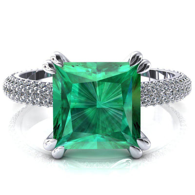 Elley Princess Emerald 4 Claw Prong Diamond Accent Engagement Ring-FIRE & BRILLIANCE