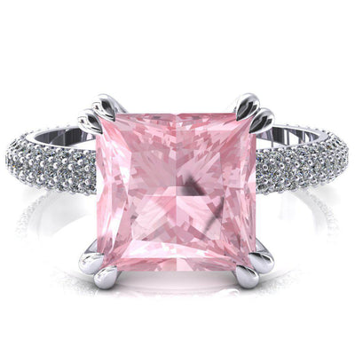 Elley Princess Pink Sapphire 4 Claw Prong Diamond Accent Engagement Ring-FIRE & BRILLIANCE