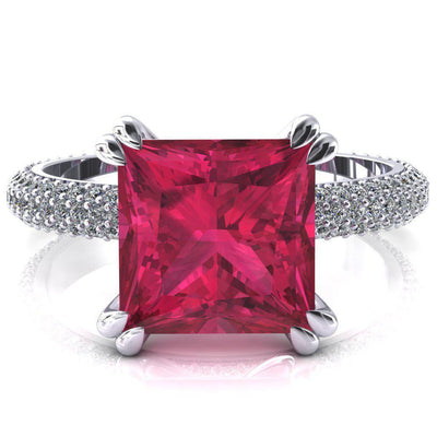 Elley Princess Ruby 4 Claw Prong Diamond Accent Engagement Ring-FIRE & BRILLIANCE