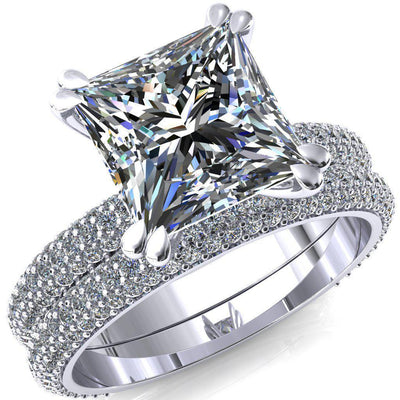 Elley Princess/Square Moissanite 4 Claw Prong Diamond Accent Engagement Ring-FIRE & BRILLIANCE