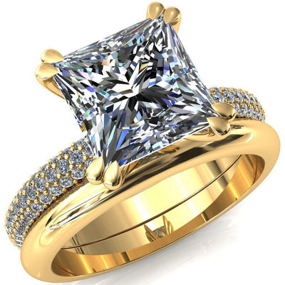 Elley Princess/Square Moissanite 4 Claw Prong Diamond Accent Engagement Ring-FIRE & BRILLIANCE