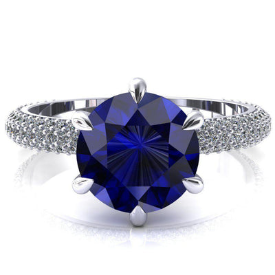 Elley Round Blue Sapphire 6 Claw Prong Diamond Accent Engagement Ring-FIRE & BRILLIANCE