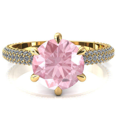 Elley Round Pink Sapphire 6 Claw Prong Diamond Accent Engagement Ring-FIRE & BRILLIANCE