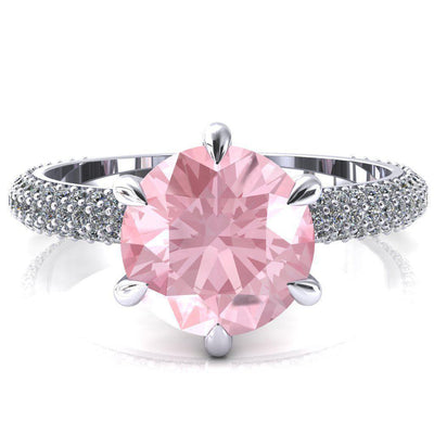 Elley Round Pink Sapphire 6 Claw Prong Diamond Accent Engagement Ring-FIRE & BRILLIANCE