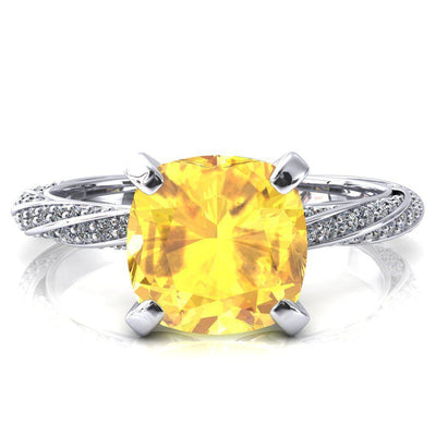 Elysia Cushion Yellow Sapphire 4 Prong 3/4 Eternity Diamond Accent Ring-FIRE & BRILLIANCE