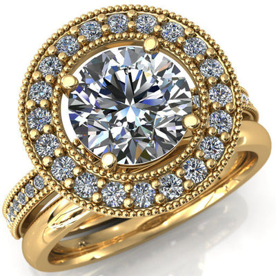 Emilia Round Moissanite Airline Halo Unique Milgrain Half Eternity Engagement Ring-Custom-Made Jewelry-Fire & Brilliance ®