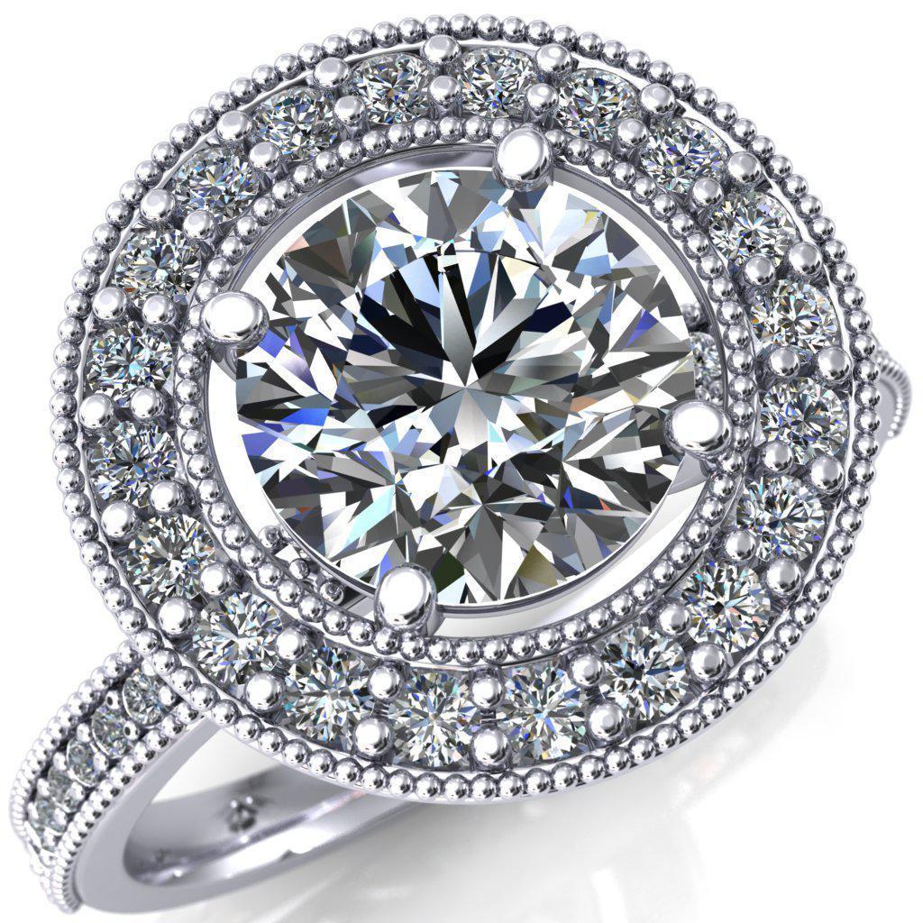 Emilia Round Moissanite Airline Halo Unique Milgrain Half Eternity Engagement Ring-Custom-Made Jewelry-Fire & Brilliance ®