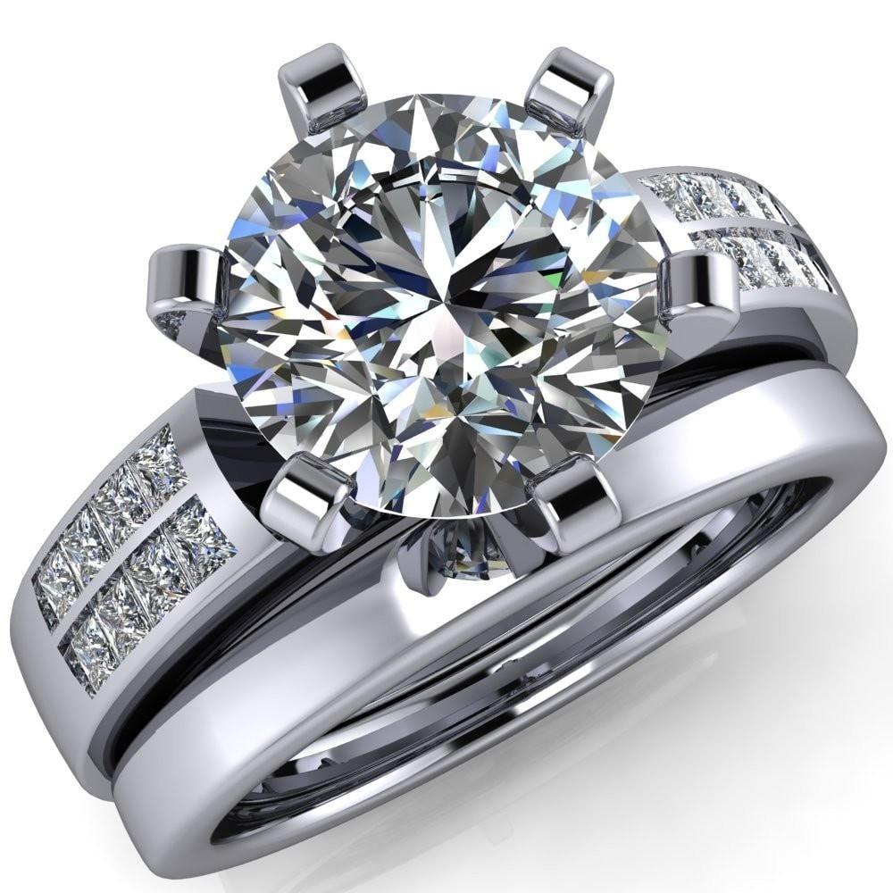 Emma Round Moissanite 6 Prong Princess Diamond Sides Thick Engagement Ring-Custom-Made Jewelry-Fire & Brilliance ®