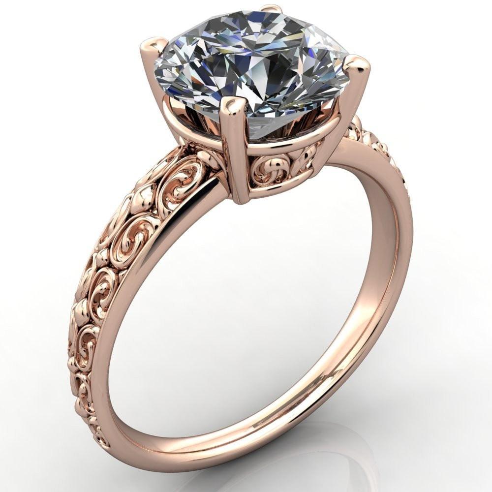 Enchanted Round Moissanite 4 Prong Antique Filigree Design Ring-Custom-Made Jewelry-Fire & Brilliance ®