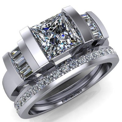 Entourage Princess/Square Moissanite 3 Stone Baguette Shoulder Cathedral Ring-Custom-Made Jewelry-Fire & Brilliance ®