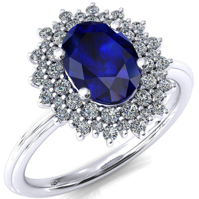 Eridanus Oval Blue Sapphire 4 Prong Diamond Cluster Halo Engagement Ring-FIRE & BRILLIANCE