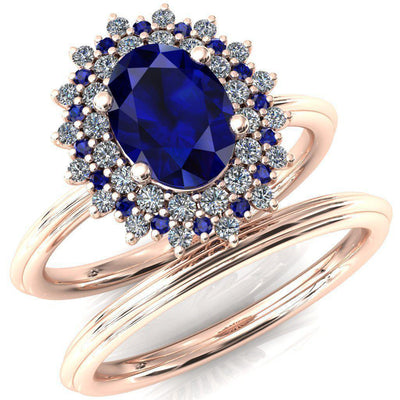 Eridanus Oval Blue Sapphire Cluster Diamond and Blue Sapphire Halo Wedding Ring ver.1-Custom-Made Jewelry-Fire & Brilliance ®