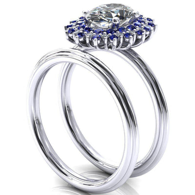 Eridanus Oval Moissanite Cluster Diamond and Blue Sapphire Halo Wedding Ring ver.3-Custom-Made Jewelry-Fire & Brilliance ®