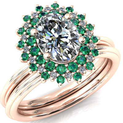 Eridanus Oval Moissanite Cluster Diamond and Emerald Halo Wedding Ring ver.3-Custom-Made Jewelry-Fire & Brilliance ®