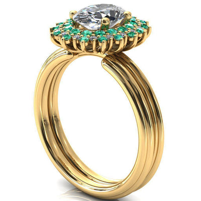 Eridanus Oval Moissanite Cluster Diamond and Emerald Halo Wedding Ring ver.3-Custom-Made Jewelry-Fire & Brilliance ®