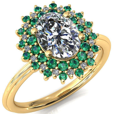 Eridanus Oval Moissanite Cluster Diamond and Emerald Halo Wedding Ring ver.3-Custom-Made Jewelry-Fire & Brilliance ®