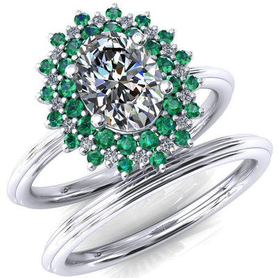 Eridanus Oval Moissanite Cluster Diamond and Emerald Halo Wedding Ring ver.3-Custom-Made Jewelry-Fire & Brilliance ®