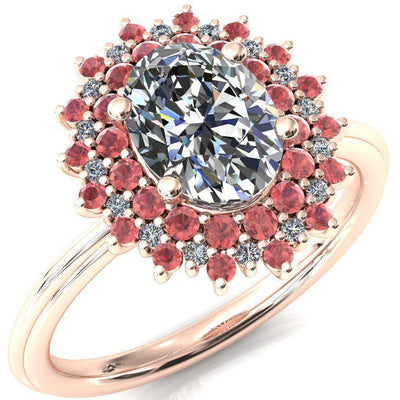 Eridanus Oval Moissanite Cluster Diamond and Padparadscha Sapphire Halo Wedding Ring ver.3-Custom-Made Jewelry-Fire & Brilliance ®