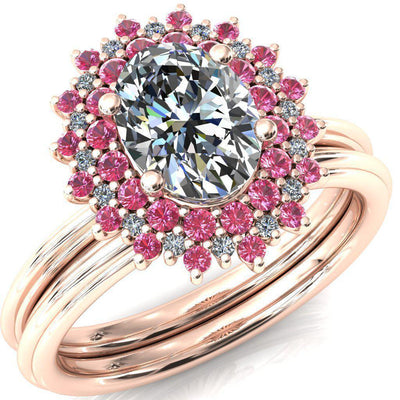 Eridanus Oval Moissanite Cluster Diamond and Pink Sapphire Halo Wedding Ring ver.3-Custom-Made Jewelry-Fire & Brilliance ®