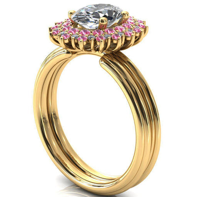 Eridanus Oval Moissanite Cluster Diamond and Pink Sapphire Halo Wedding Ring ver.3-Custom-Made Jewelry-Fire & Brilliance ®