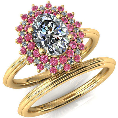 Eridanus Oval Moissanite Cluster Diamond and Pink Sapphire Halo Wedding Ring ver.3-Custom-Made Jewelry-Fire & Brilliance ®