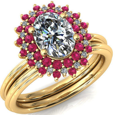 Eridanus Oval Moissanite Cluster Diamond and Ruby Halo Wedding Ring ver.3-Custom-Made Jewelry-Fire & Brilliance ®