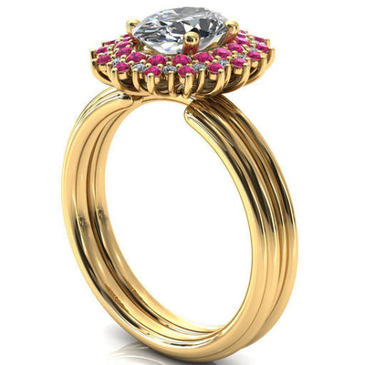 Eridanus Oval Moissanite Cluster Diamond and Ruby Halo Wedding Ring ver.3-Custom-Made Jewelry-Fire & Brilliance ®