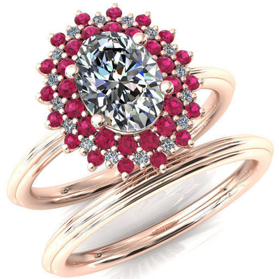 Eridanus Oval Moissanite Cluster Diamond and Ruby Halo Wedding Ring ver.3-Custom-Made Jewelry-Fire & Brilliance ®