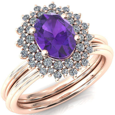 Eridanus Oval Lab-Created Amehyst Cluster Diamond Halo Wedding Ring-Custom-Made Jewelry-Fire & Brilliance ®