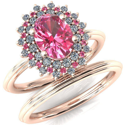 Eridanus Oval Pink Sapphire Cluster Diamond and Pink Sapphire Halo Wedding Ring ver.1-Custom-Made Jewelry-Fire & Brilliance ®