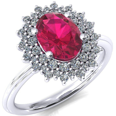 Eridanus Oval Ruby 4 Prong Diamond Cluster Halo Engagement Ring-FIRE & BRILLIANCE
