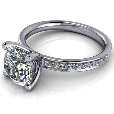 Erza Round Moissanite Exquisite 4 Prong Shank Diamond Etched Sides Comfort Fit Solitaire Ring-Custom-Made Jewelry-Fire & Brilliance ®