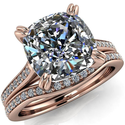 Etheline Cushion Moissanite Diamond Channel Cathedral 4 Prong Engagement Ring-Custom-Made Jewelry-Fire & Brilliance ®