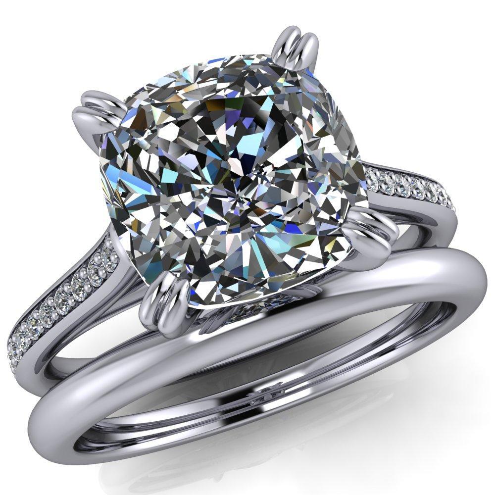 Etheline Cushion Moissanite Diamond Channel Cathedral 4 Prong Engagement Ring-Custom-Made Jewelry-Fire & Brilliance ®