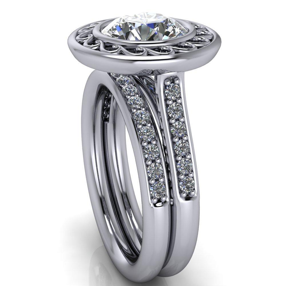 Evalynn Round Moissanite Bezel Set Filigree Halo and Shank Design Diamond Ring-Custom-Made Jewelry-Fire & Brilliance ®