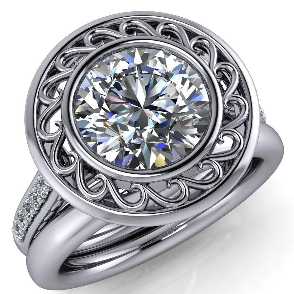 Evalynn Round Moissanite Bezel Set Filigree Halo and Shank Design Diamond Ring-Custom-Made Jewelry-Fire & Brilliance ®