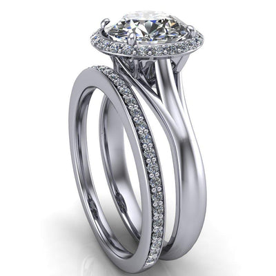 Everly Round Moissanite Exquisite Bravada Shank Halo Diamond Ring-Custom-Made Jewelry-Fire & Brilliance ®