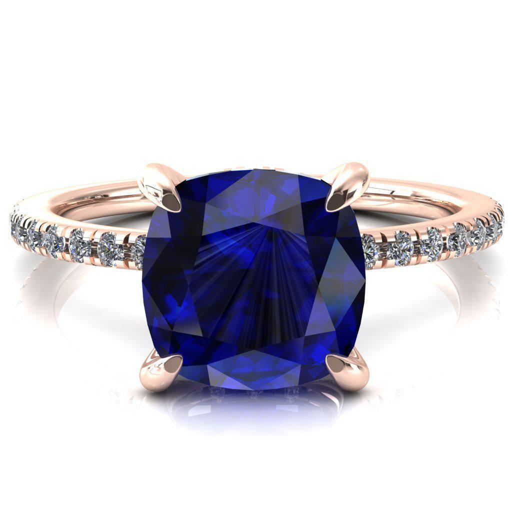 Ezili Cushion Blue Sapphire 4 Claw Prong Micro Pave Diamond Sides Engagement Ring-Custom-Made Jewelry-Fire & Brilliance ®